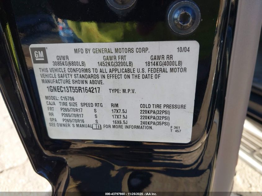 2005 Chevrolet Tahoe Lt VIN: 1GNEC13T55R164217 Lot: 43797980