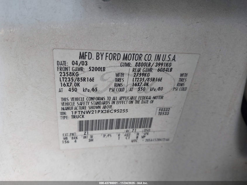 2003 Ford F-250 VIN: 1FTNW21PX3EC95255 Lot: 43798001