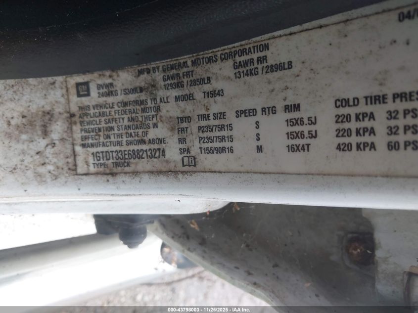 2008 GMC Canyon Sle1 VIN: 1GTDT33E688213274 Lot: 43798003