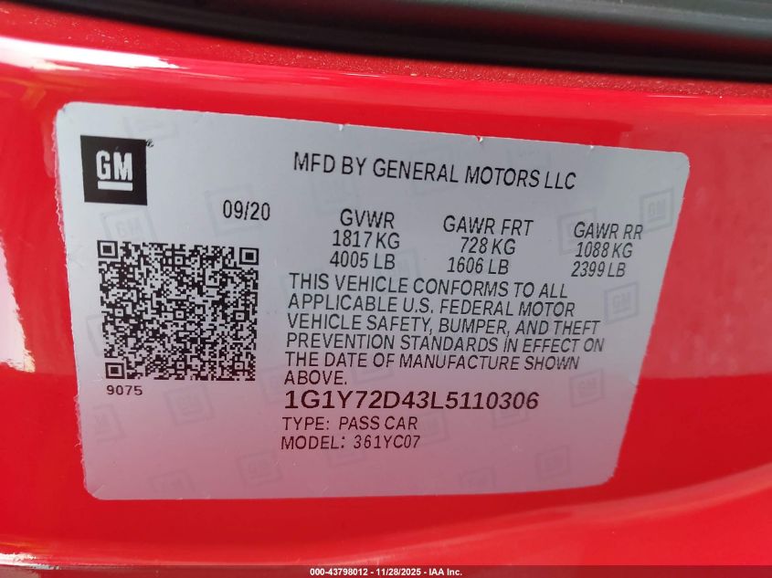 2020 Chevrolet Corvette Stingray Rwd 2Lt VIN: 1G1Y72D43L5110306 Lot: 43798012