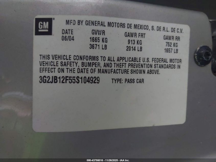 2005 Pontiac Sunfire VIN: 3G2JB12F55S104929 Lot: 43798016