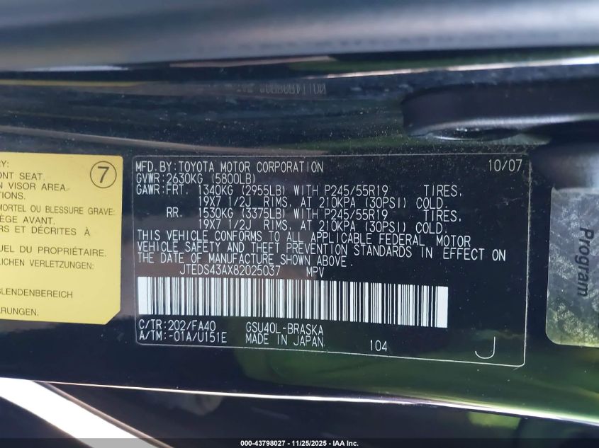 2008 Toyota Highlander Sport VIN: JTEDS43AX82025037 Lot: 43798027