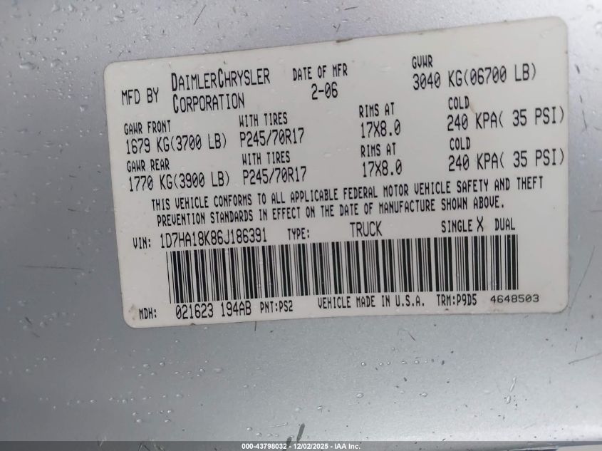 2006 Dodge Ram 1500 St VIN: 1D7HA18K86J186391 Lot: 43798032