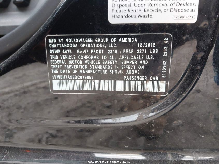 2013 Volkswagen Passat 2.5L Se VIN: 1VWBH7A38DC079857 Lot: 43798033