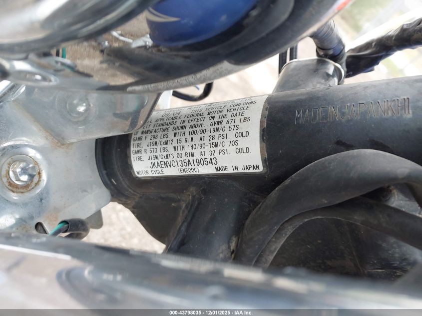 2005 Kawasaki En500 C VIN: JKAENVC135A190543 Lot: 43798035