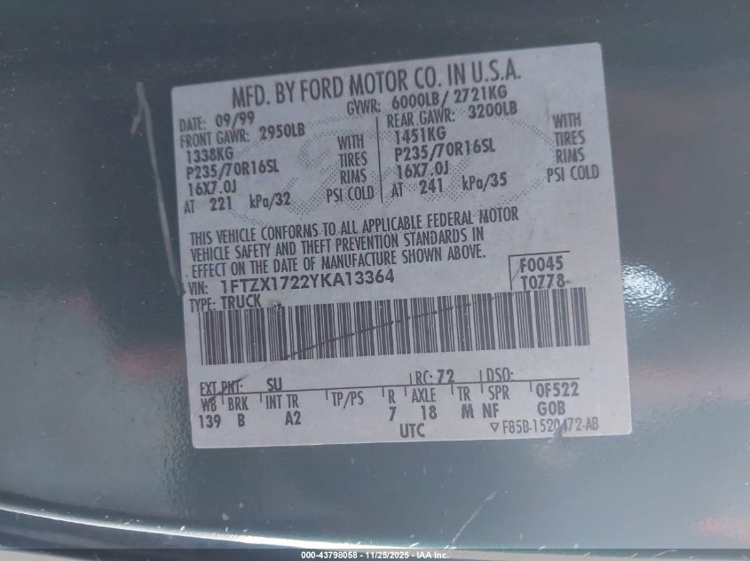 2000 Ford F-150 Work Series/Xl/Xlt VIN: 1FTZX1722YKA13364 Lot: 43798058