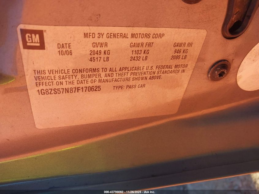 2007 Saturn Aura Xe VIN: 1G8ZS57N87F170625 Lot: 43798060