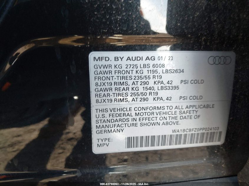 2023 Audi Q4 E-Tron Premium Plus 40 Rwd VIN: WA1BCBFZ0PP024103 Lot: 43798063