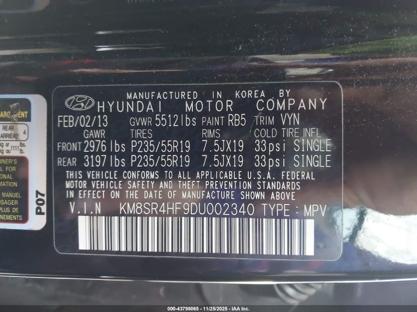 2013 Hyundai Santa Fe Limited VIN: KM8SR4HF9DU002340 Lot: 43798065