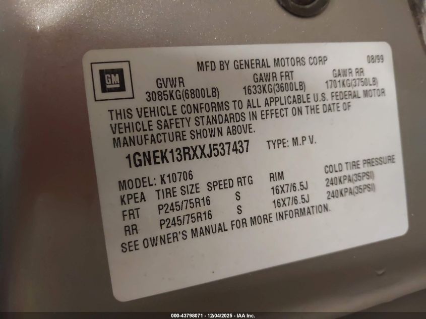 1999 Chevrolet Tahoe Ls VIN: 1GNEK13RXXJ537437 Lot: 43798071