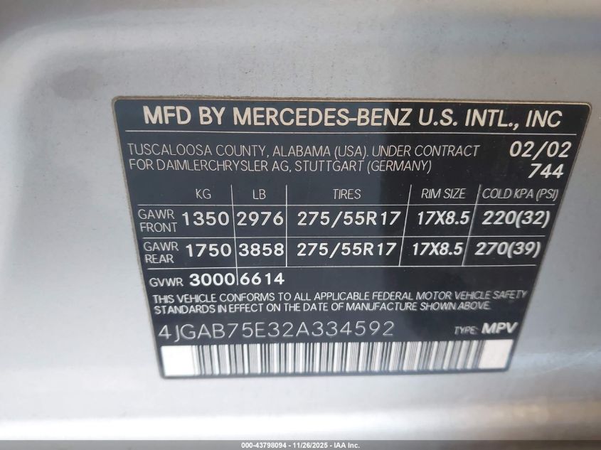 2002 Mercedes-Benz Ml 500 VIN: 4JGAB75E32A334592 Lot: 43798094