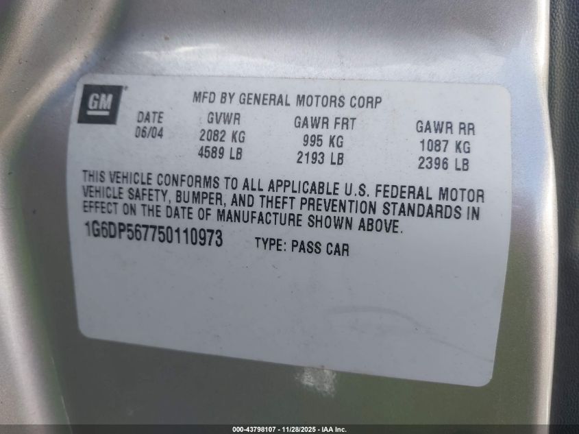 2005 Cadillac Cts Standard VIN: 1G6DP567750110973 Lot: 43798107