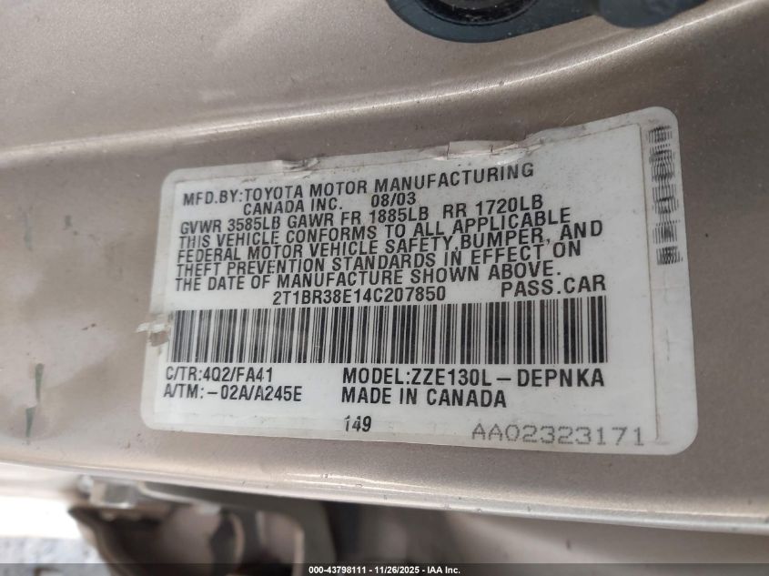 2004 Toyota Corolla Le VIN: 2T1BR38E14C207850 Lot: 43798111