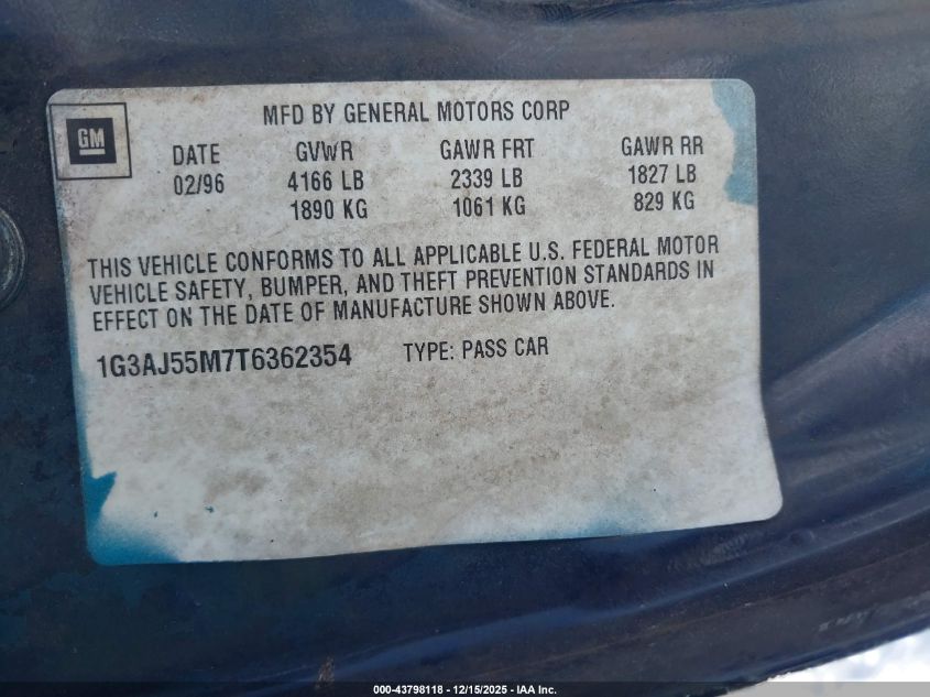 1996 Oldsmobile Ciera Sl VIN: 1G3AJ55M7T6362354 Lot: 43798118