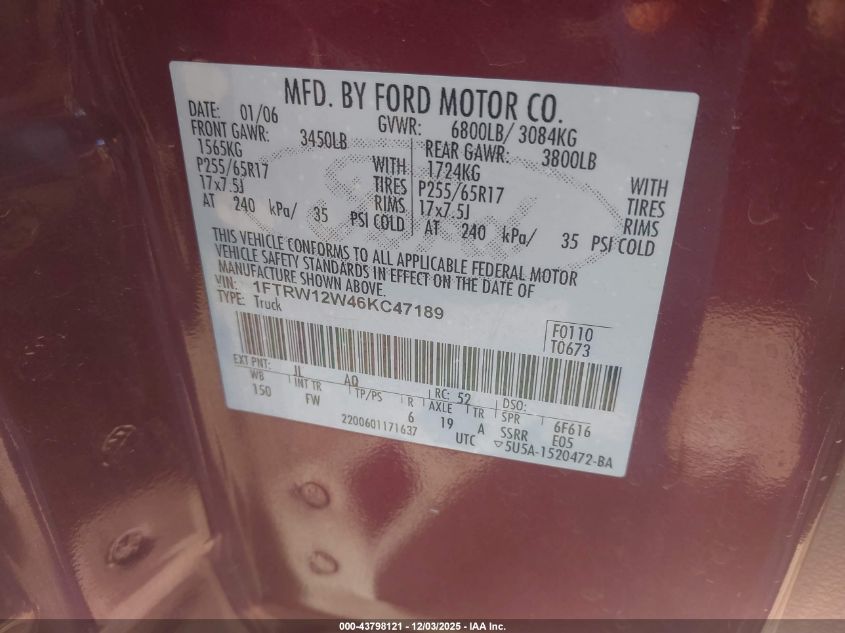 2006 Ford F-150 Xlt VIN: 1FTRW12W46KC47189 Lot: 43798121