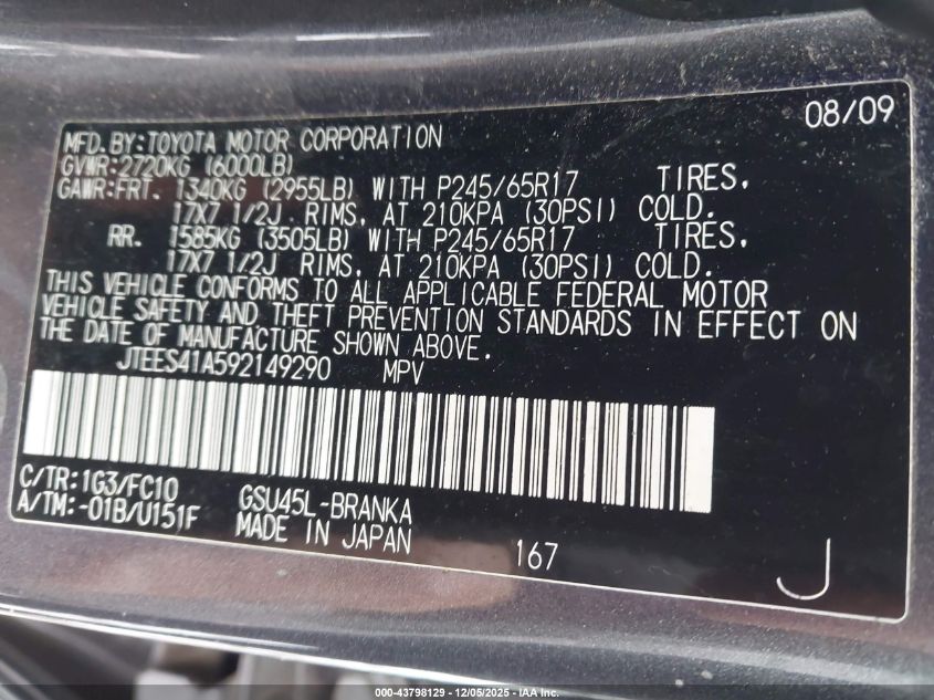 2009 Toyota Highlander VIN: JTEES41A592149290 Lot: 43798129