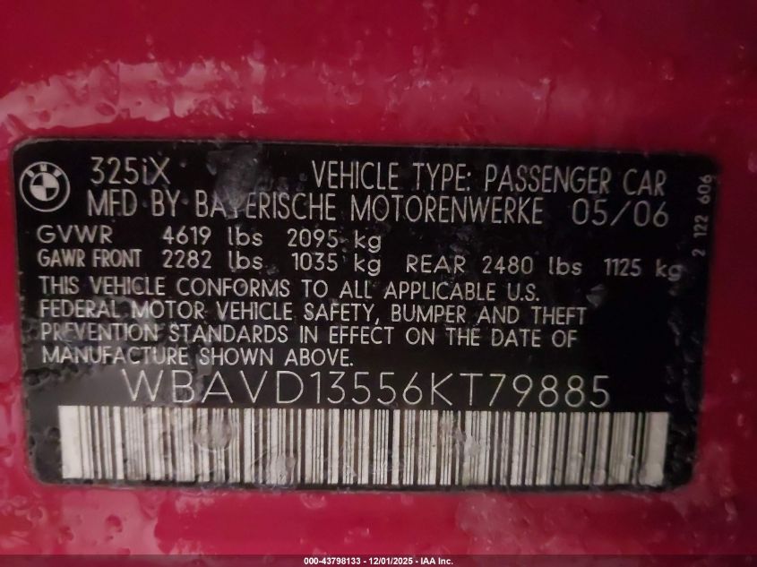2006 BMW 325Xi VIN: WBAVD13556KT79885 Lot: 43798133