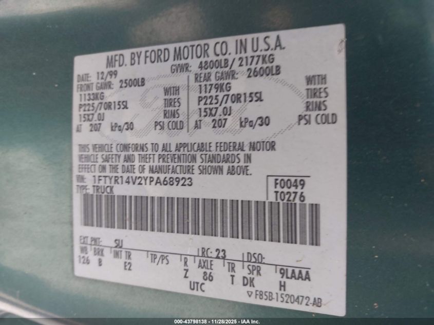 2000 Ford Ranger Xl/Xlt VIN: 1FTYR14V2YPA68923 Lot: 43798138