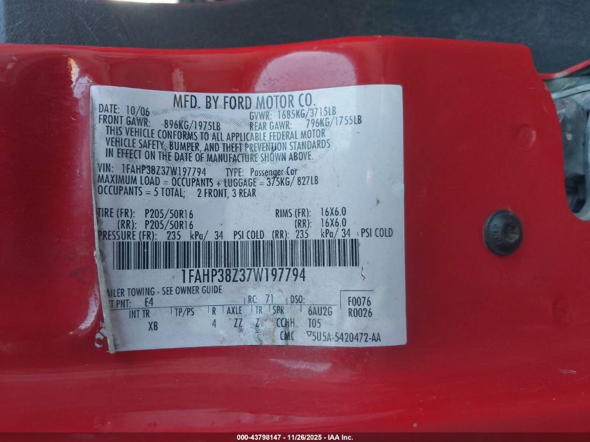 2007 Ford Focus St VIN: 1FAHP38Z37W197794 Lot: 43798147