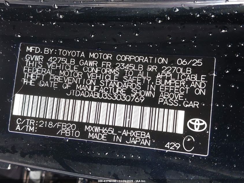 2025 Toyota Prius Le Awd-E VIN: JTDADABU3S3030769 Lot: 43798150