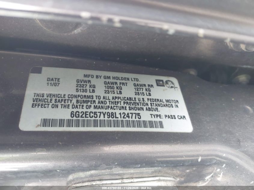 2008 Pontiac G8 Gt VIN: 6G2EC57Y98L124775 Lot: 43798155