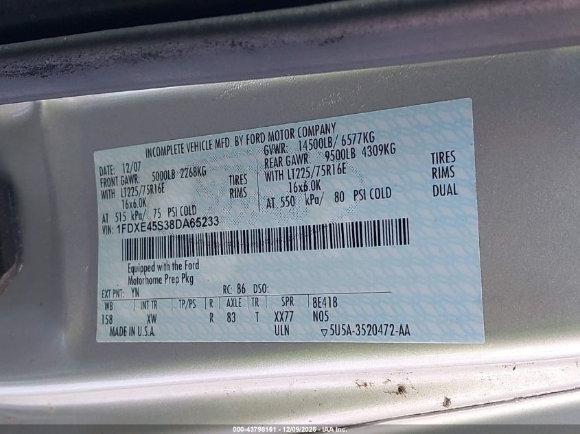 2008 Ford E-450 Cutaway VIN: 1FDXE45S38DA65233 Lot: 43798161