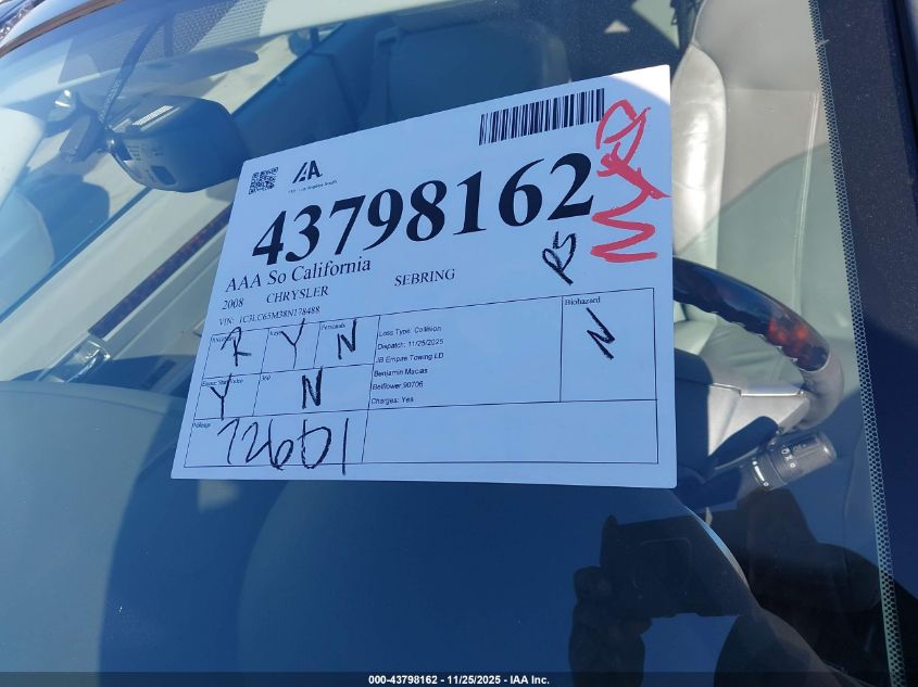 2008 Chrysler Sebring Limited VIN: 1C3LC65M38N178488 Lot: 43798162