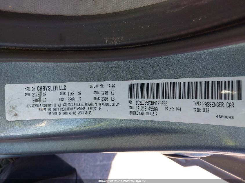 2008 Chrysler Sebring Limited VIN: 1C3LC65M38N178488 Lot: 43798162