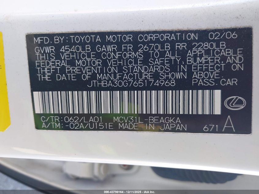 2006 Lexus Es 330 VIN: JTHBA30G765174968 Lot: 43798164