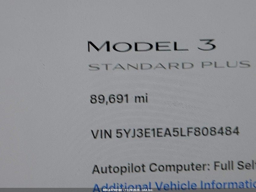 2020 Tesla Model 3 Standard Range Plus Rear-Wheel Drive/Standard Range Rear-Wheel Drive VIN: 5YJ3E1EA5LF808484 Lot: 43798166