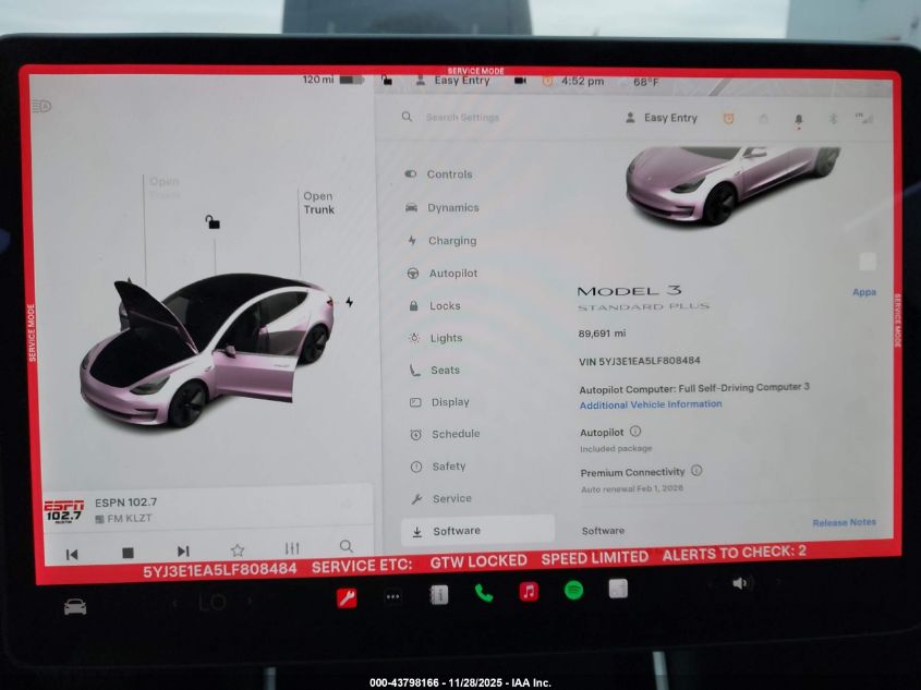 2020 Tesla Model 3 Standard Range Plus Rear-Wheel Drive/Standard Range Rear-Wheel Drive VIN: 5YJ3E1EA5LF808484 Lot: 43798166