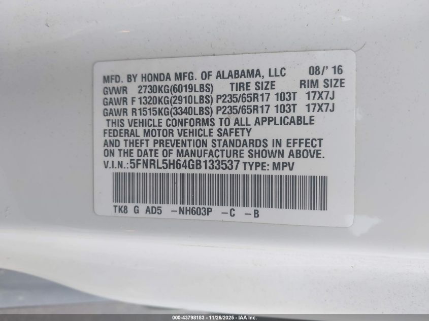 2016 Honda Odyssey Ex-L VIN: 5FNRL5H64GB133537 Lot: 43798183