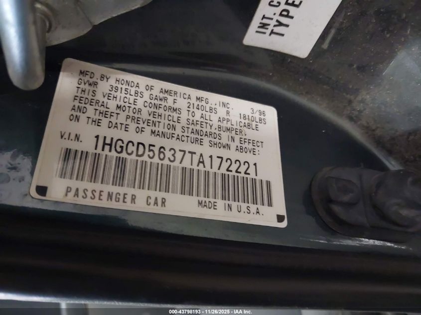 1996 Honda Accord Lx/Ex VIN: 1HGCD5637TA172221 Lot: 43798193