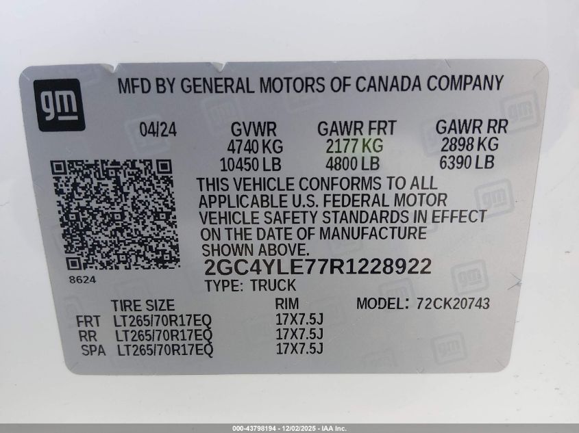 2024 Chevrolet Silverado 2500Hd 4Wd Standard Bed Work Truck VIN: 2GC4YLE77R1228922 Lot: 43798194