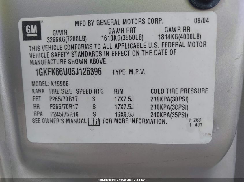 2005 GMC Yukon Xl 1500 Denali VIN: 1GKFK66U05J126396 Lot: 43798198