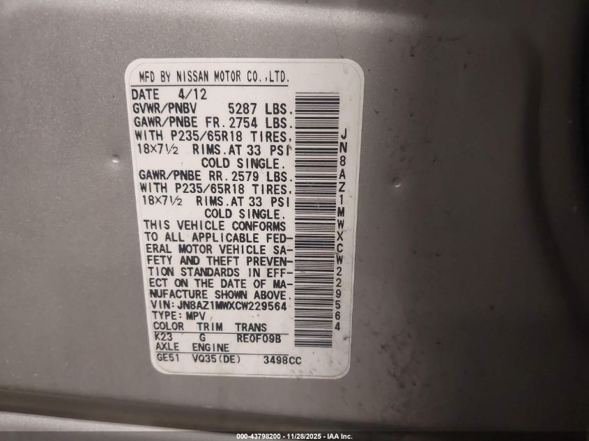 2012 Nissan Murano S VIN: JN8AZ1MWXCW229564 Lot: 43798200