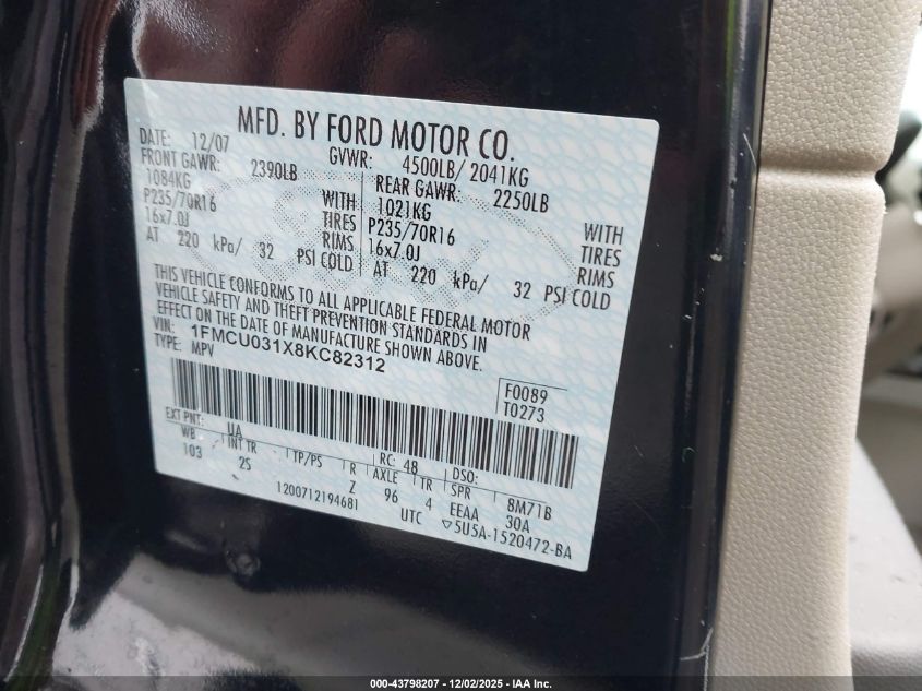 2008 Ford Escape Xlt VIN: 1FMCU031X8KC82312 Lot: 43798207