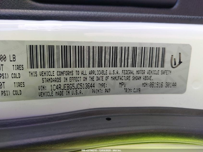 2018 Jeep Grand Cherokee Limited 4X2 VIN: 1C4RJEBG5JC513644 Lot: 43798210