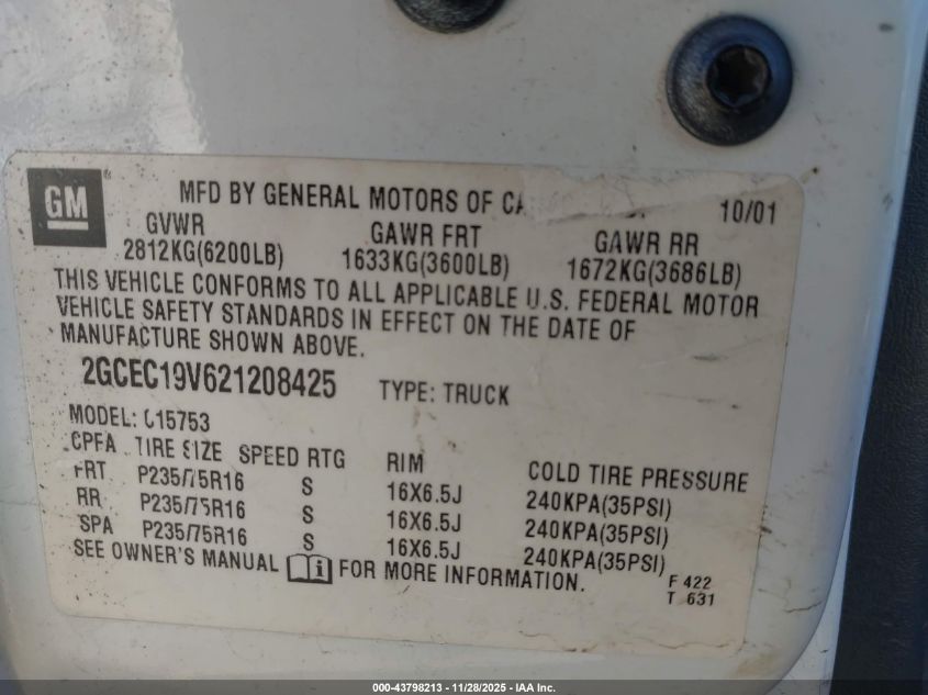 2002 Chevrolet Silverado 1500 VIN: 2GCEC19V621208425 Lot: 43798213