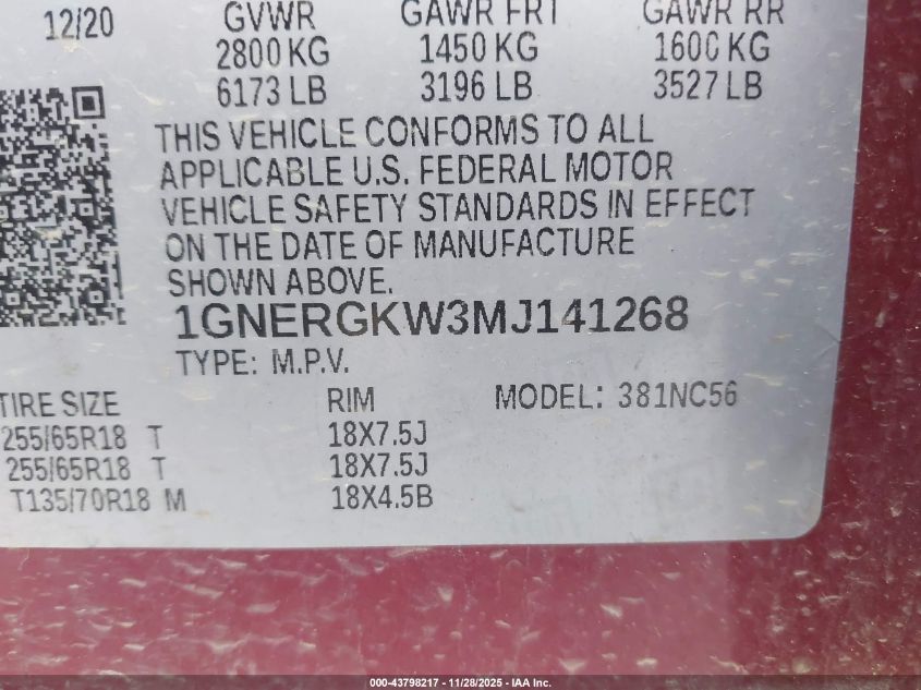 2021 Chevrolet Traverse Fwd Lt Cloth VIN: 1GNERGKW3MJ141268 Lot: 43798217