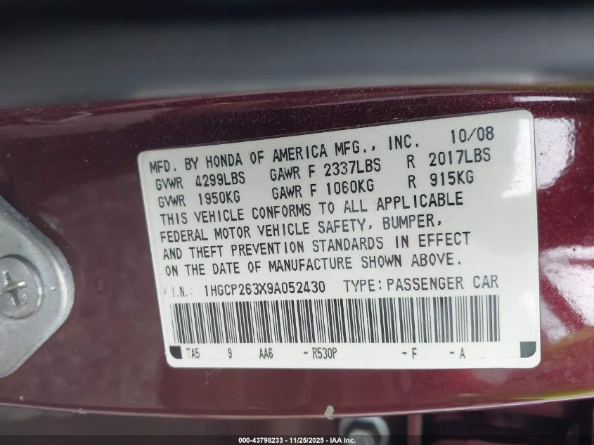 2009 Honda Accord 2.4 Lx VIN: 1HGCP263X9A052430 Lot: 43798233