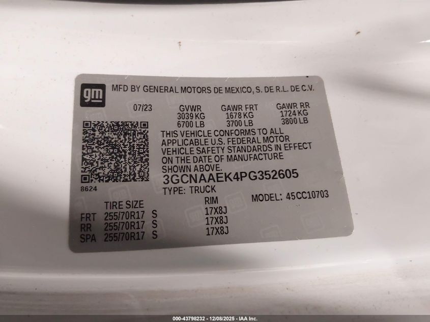 2023 Chevrolet Silverado 1500 2Wd Standard Bed Wt VIN: 3GCNAAEK4PG352605 Lot: 43798232