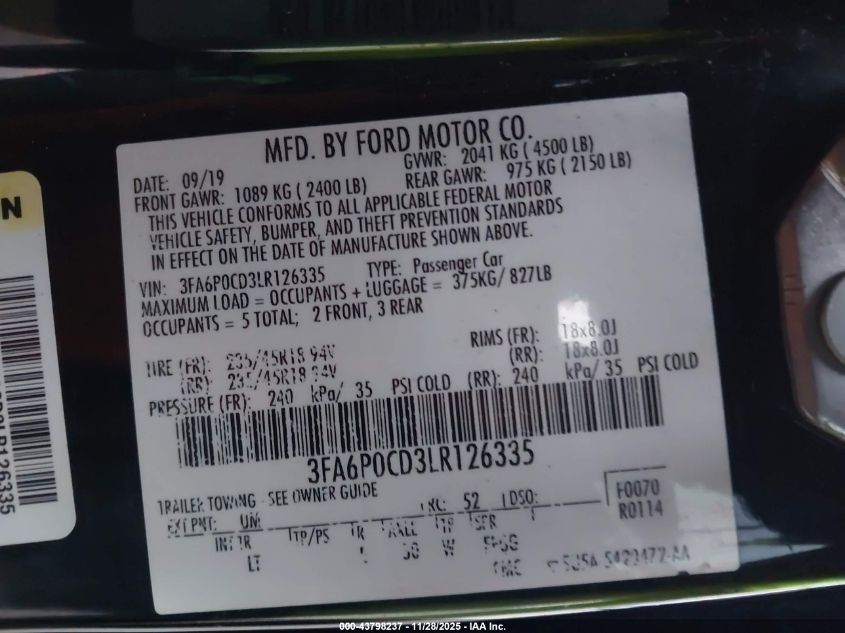 2020 Ford Fusion Sel VIN: 03FA6P0CD3LR12633 Lot: 43798237