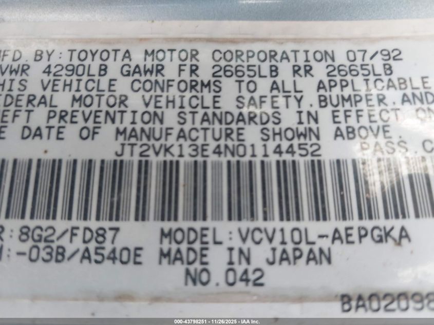 JT2VK13E4N0114452 1992 TOYOTA CAMRY photo no. 9