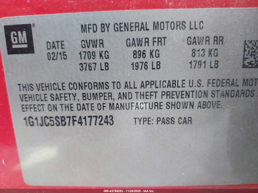 2015 Chevrolet Sonic Lt Auto VIN: 1G1JC5SB7F4177243 Lot: 43798253