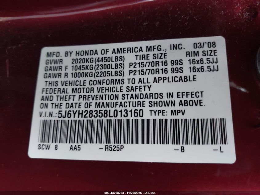 2008 Honda Element Lx VIN: 5J6YH28358L013160 Lot: 43798263