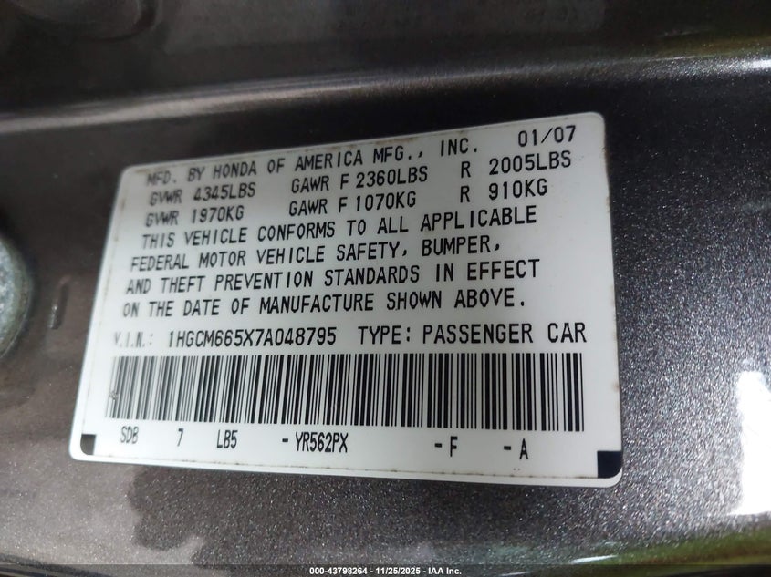 1HGCM665X7A048795 2007 HONDA ACCORD photo no. 9