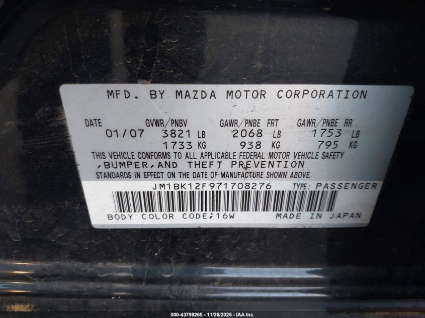2007 Mazda Mazda3 I VIN: JM1BK12F971708276 Lot: 43798265