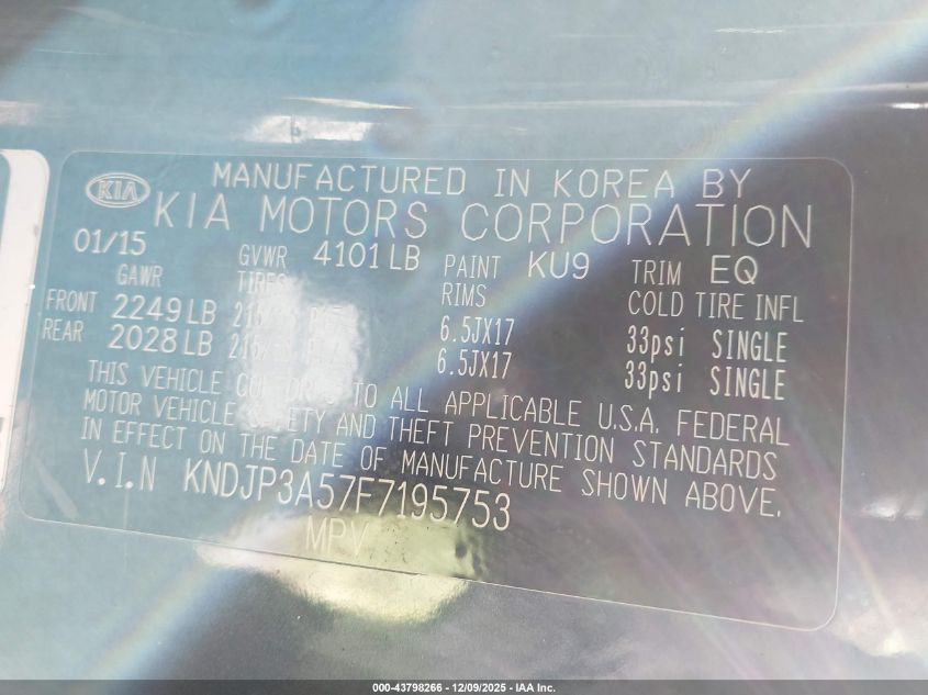 2015 Kia Soul + VIN: KNDJP3A57F74536 Lot: 43798266