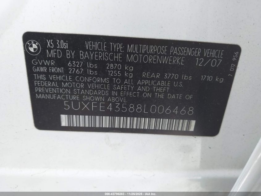 2008 BMW X5 3.0Si VIN: 5UXFE43588L006468 Lot: 43798283